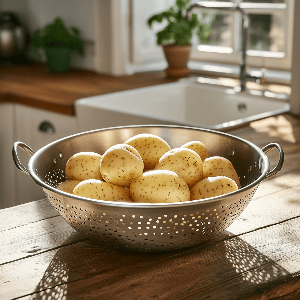 Colander filled with boiled potatoes on a wooden kitchen countertop, with a sunlit kitchen sink and window in the background