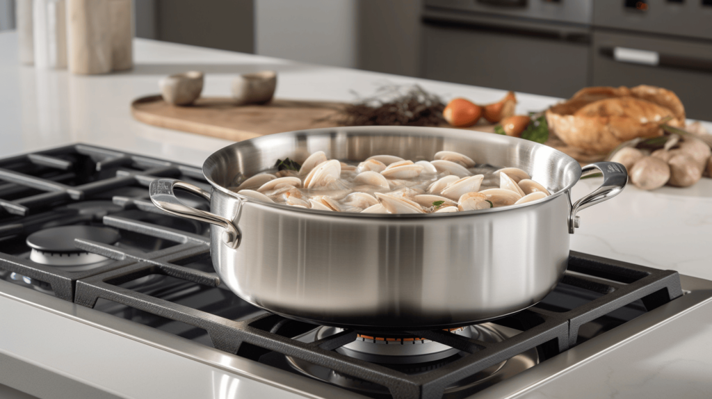 A pot of boiling water with Ronzoni jumbo shells being stirred on a modern kitchen stovetop, with steam rising and stainless steel appliances in the background.