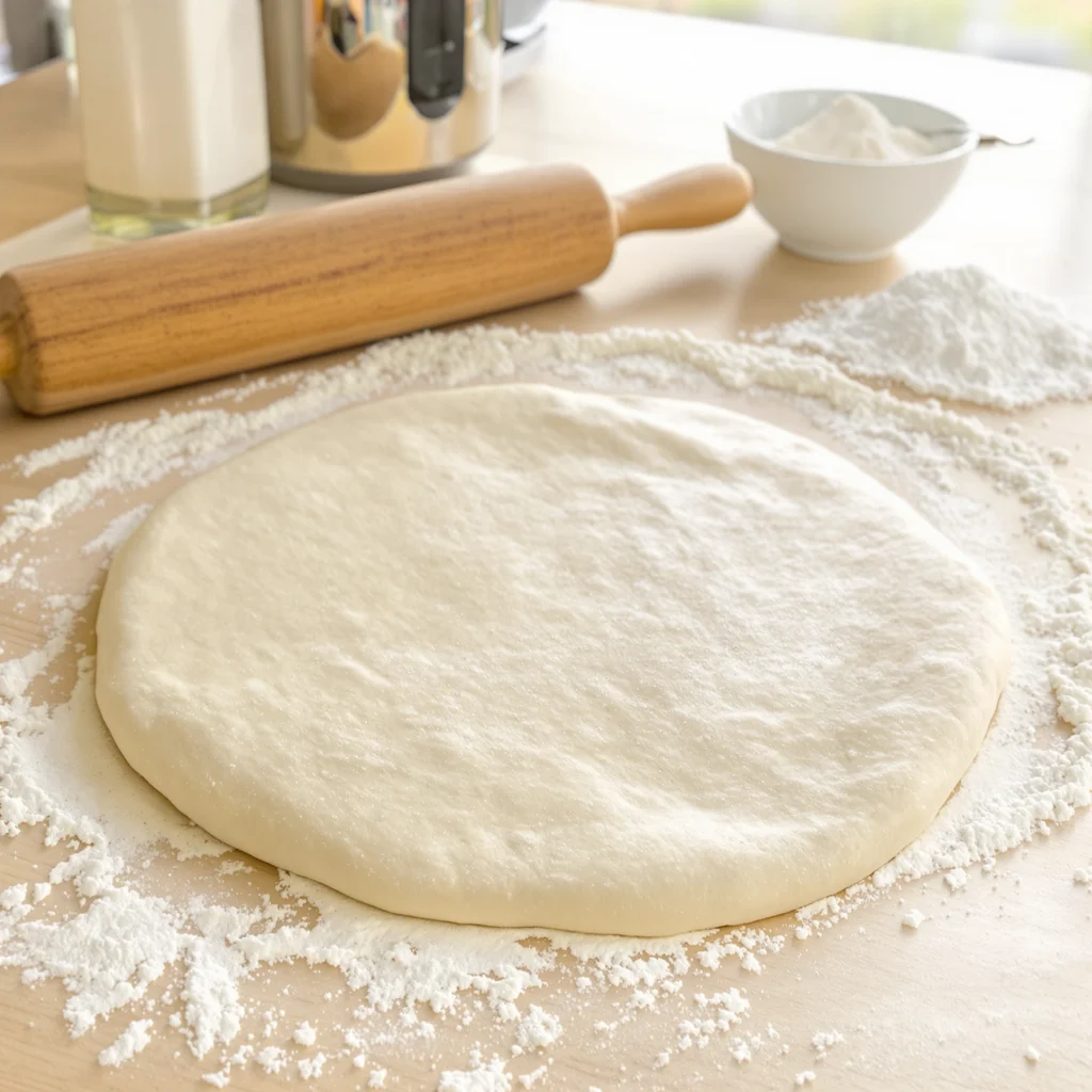 Hands rolling out flatbread dough with a wooden rolling pin on a floured surface, creating an even circular shape