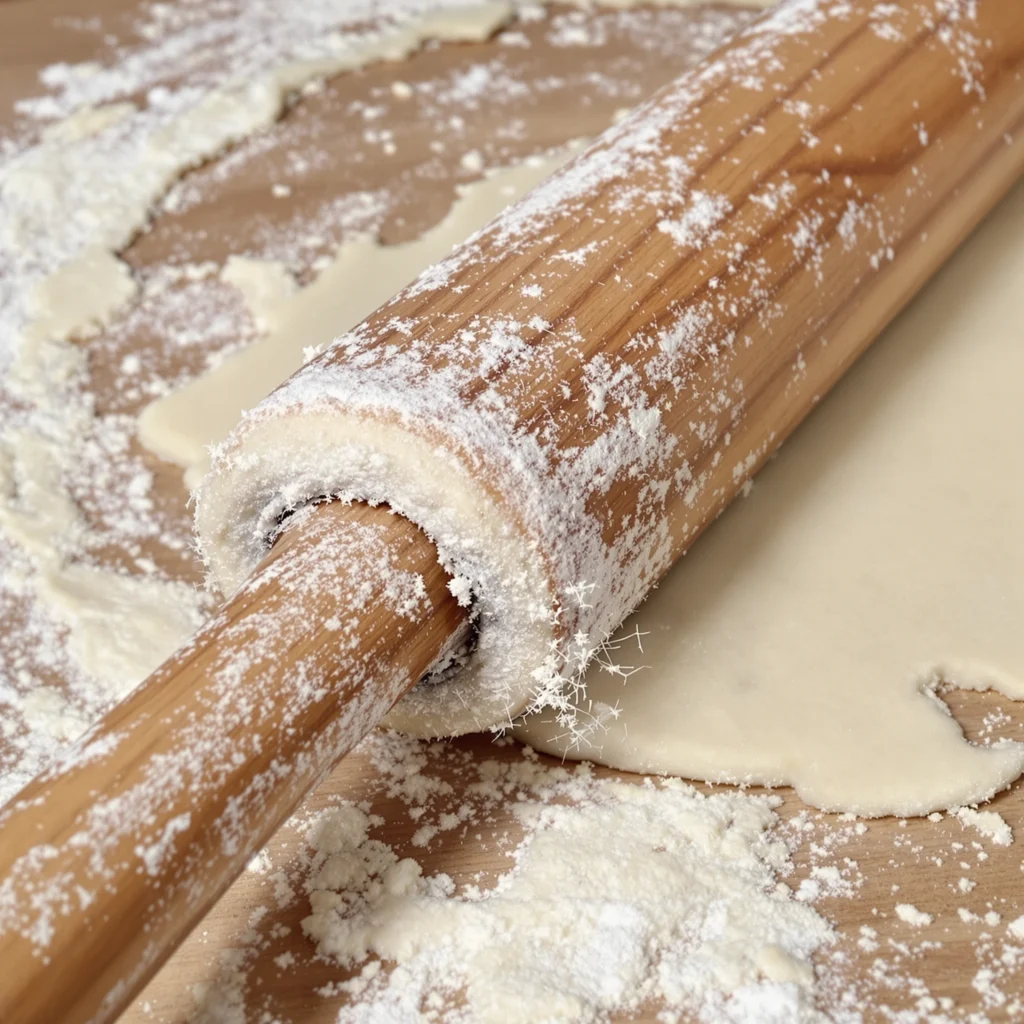 Hands rolling flatbread dough with a wooden rolling pin on a floured surface