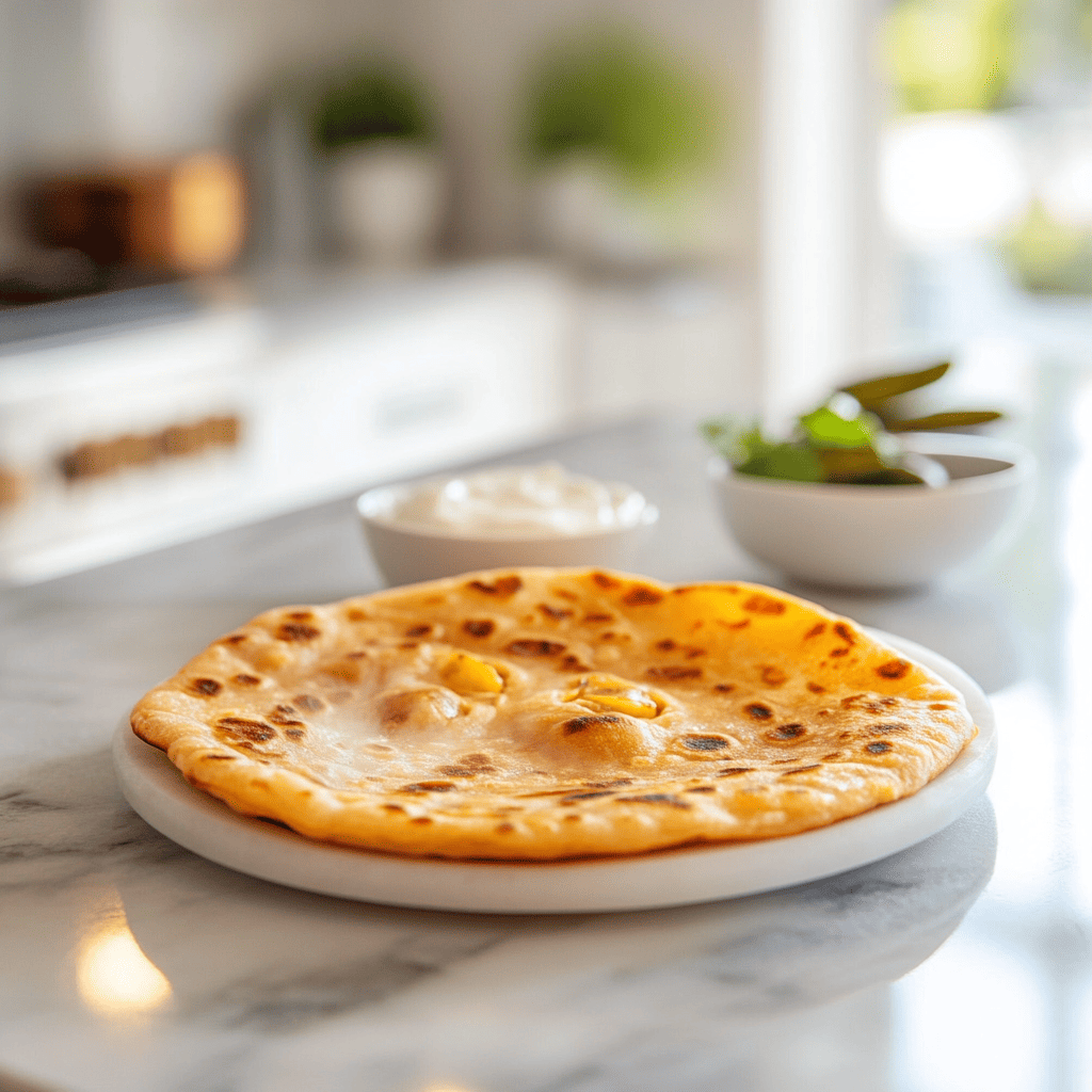 A golden-brown spicy potato stuffed flatbread (aloo paratha) on a marble countertop in a modern American kitchen, served with yogurt and pickles, with stainless steel appliances and white cabinetry in the background