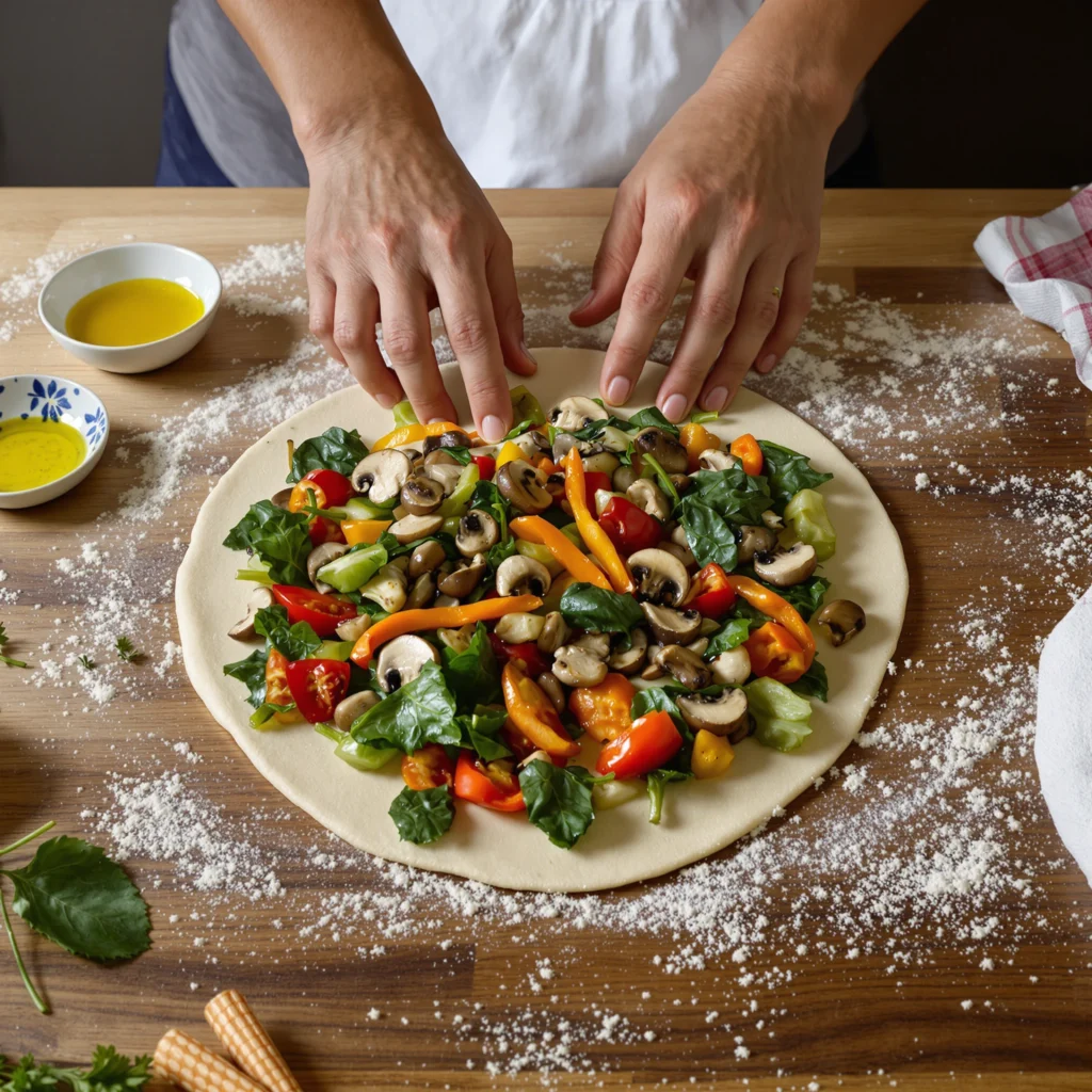 Preparing a healthy stuffed flatbread with vegetables.