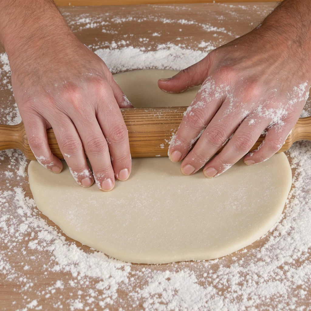 Hands rolling out flatbread dough with a wooden rolling pin on a floured surface, creating an even circular shape