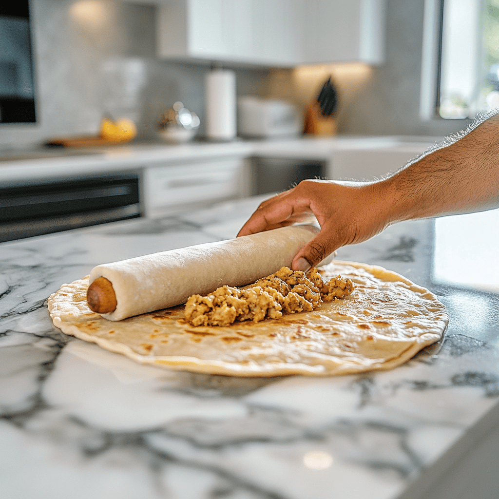 Rolling out stuffed paratha in a modern kitchen.