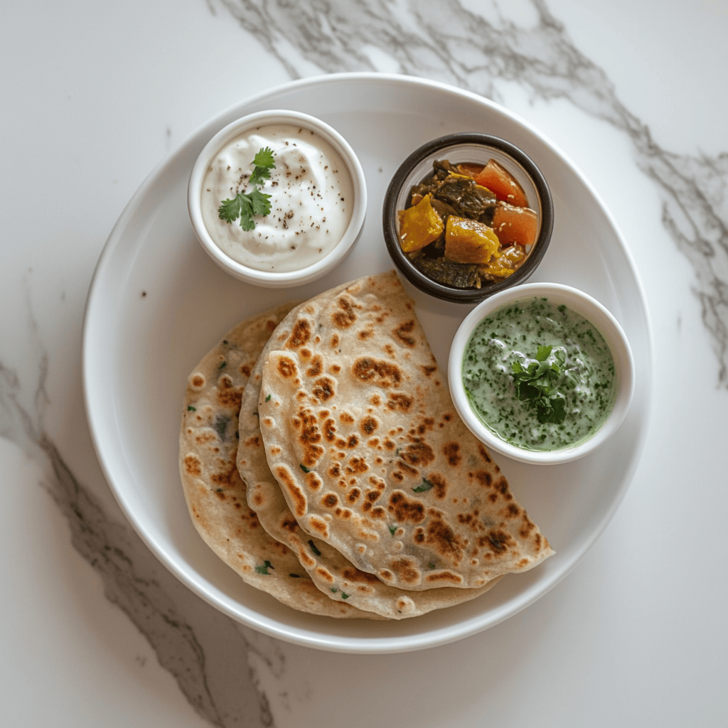 Stuffed paratha served with yogurt and pickles in a modern kitchen