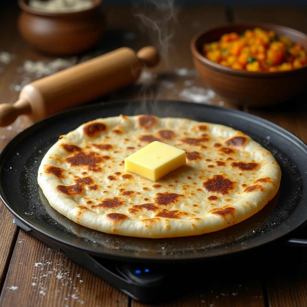 Aloo paratha with melting butter on a griddle