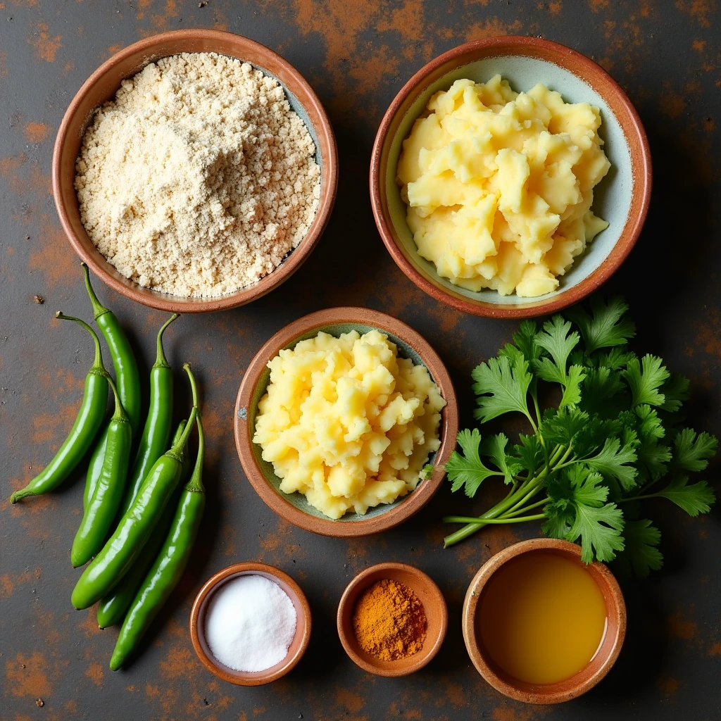 Ingredients like flour, potatoes, chilies, and spices on a table.