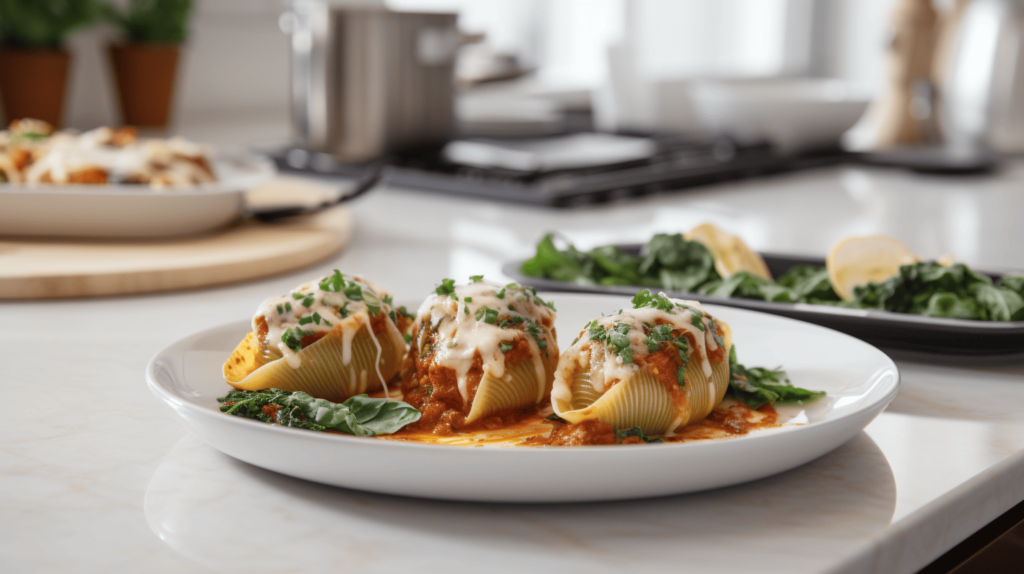 A serving of baked stuffed shells garnished with parsley, placed on a white plate with garlic bread and salad, set on a marble countertop in a modern kitchen with natural light