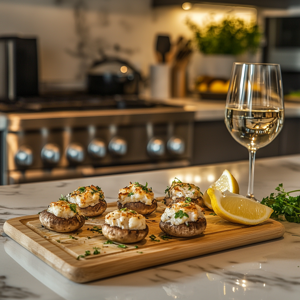 A plate of crab stuffed mushrooms garnished with fresh herbs and lemon wedges, displayed in a luxurious modern kitchen with marble countertops and elegant lighting