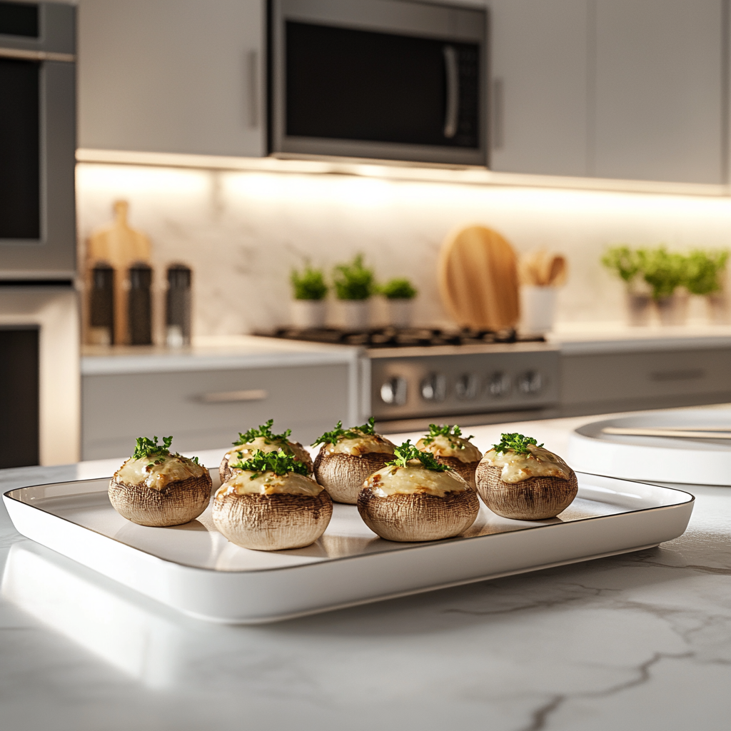 Prebaked mushrooms before stuffing, arranged on a platter in a modern kitchen