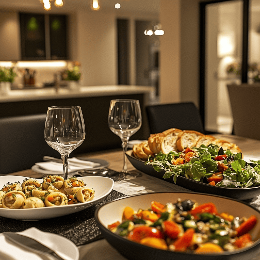 Modern dining table set with stuffed pasta shells, fresh salad with arugula and cherry tomatoes, crusty bread, and two wine glasses, with a stylish kitchen in the background.