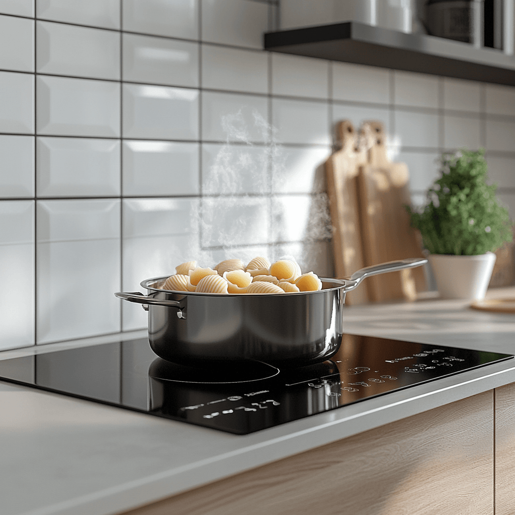 Pasta shells boiling in a pot on a modern stove.