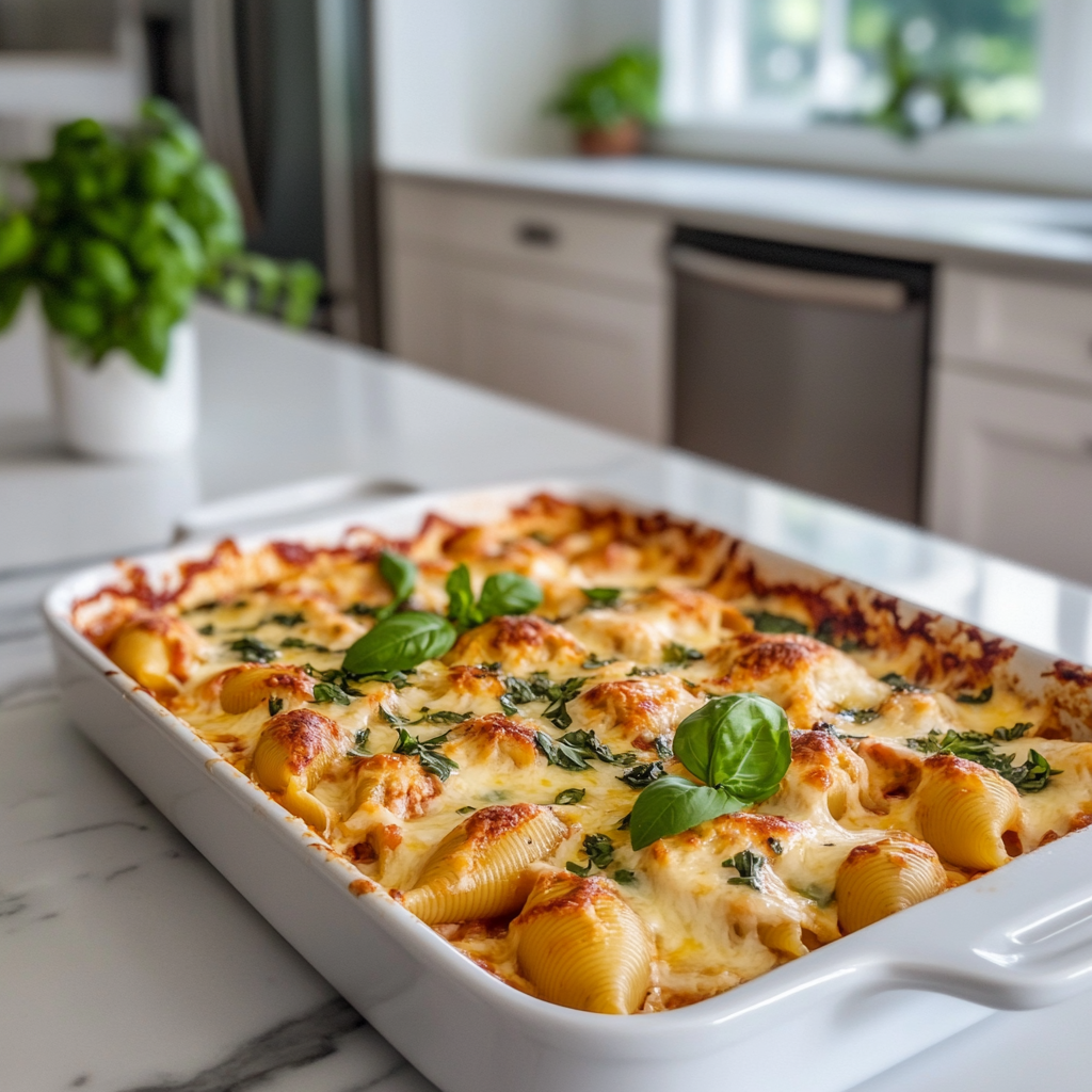 Stuffed pasta shells with melted cheese and basil in a white baking dish on a kitchen counter.