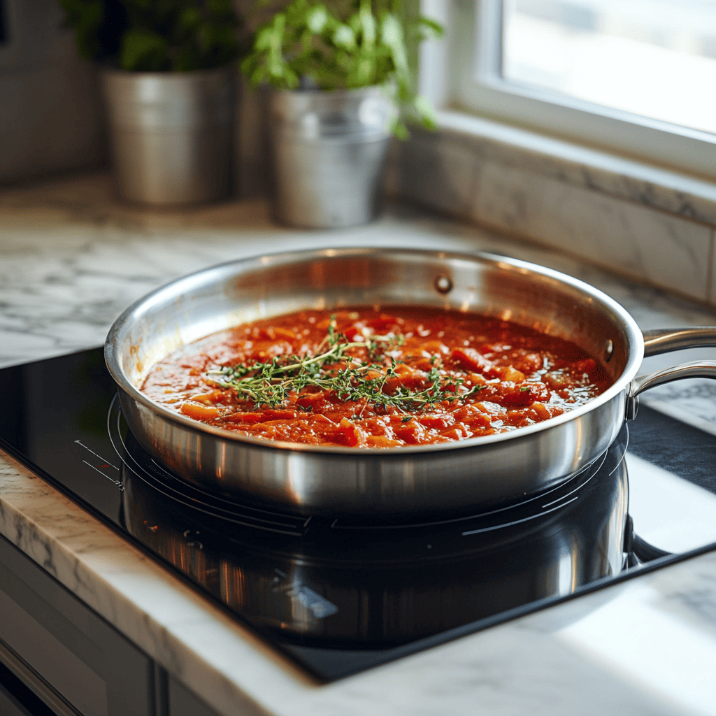 Thick tomato sauce simmering in a pan on a modern kitchen stove.