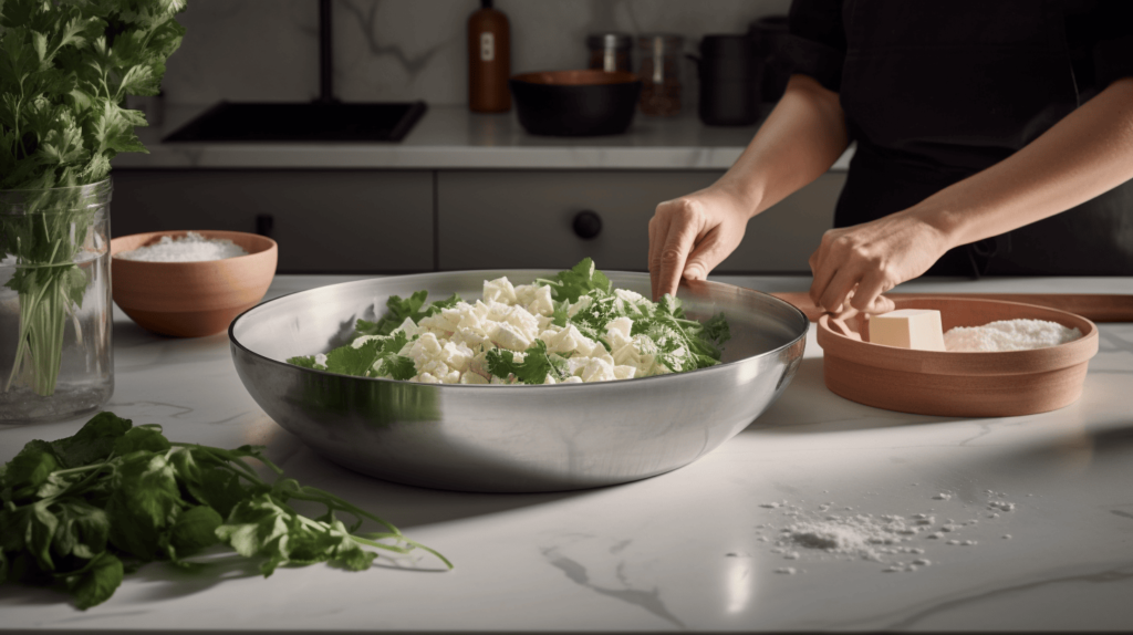 Hands mixing ricotta cheese, mozzarella, Parmesan, and fresh herbs in a bowl on a marble countertop in a modern kitchen with white cabinets and stainless steel appliances