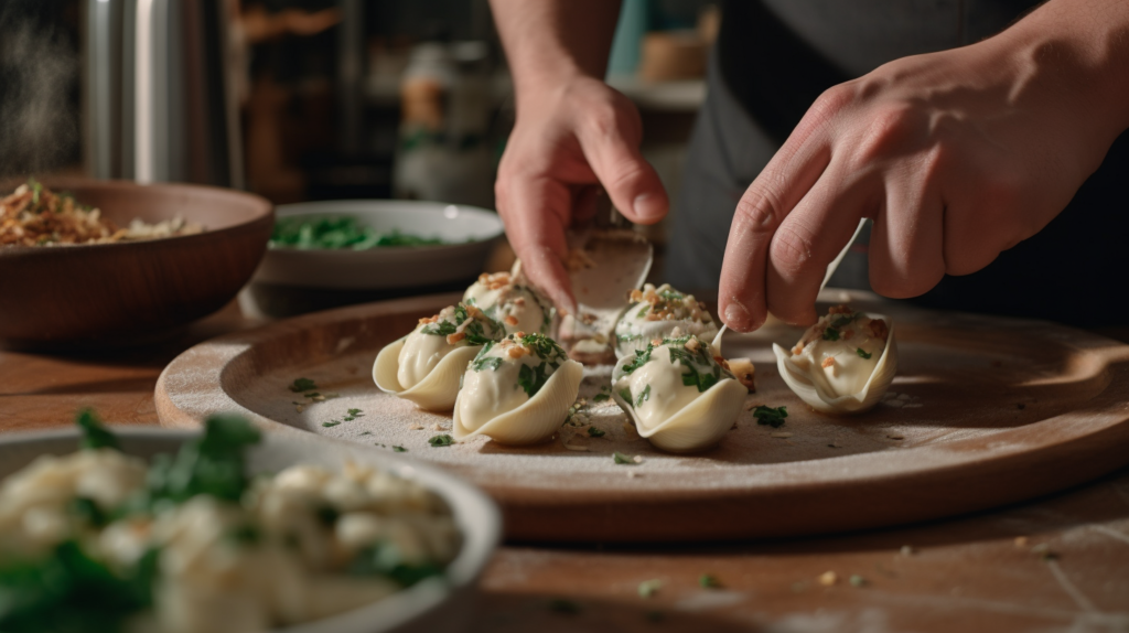 Hands carefully stuffing pasta shells with a creamy ricotta filling on a marble countertop in a modern kitchen with white cabinets and fresh herbs scattered around.