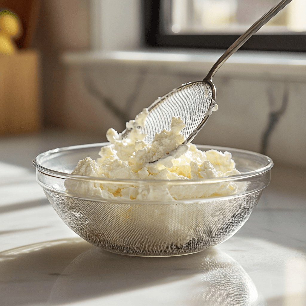 Ricotta cheese draining in a sieve over a bowl