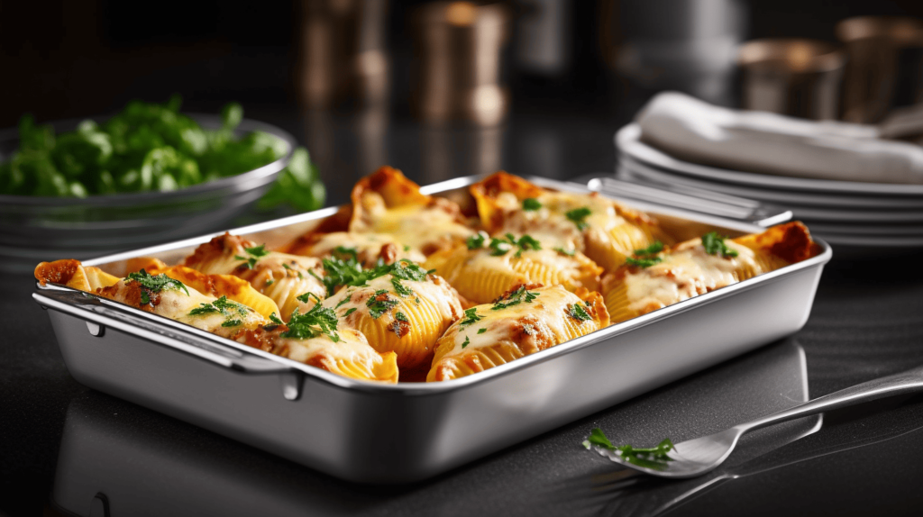 A steaming tray of baked stuffed shells with melted cheese and marinara sauce, garnished with parsley, sitting on a marble countertop in a modern kitchen with white cabinets and stainless steel appliances