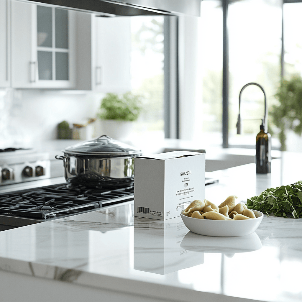 Modern kitchen with a box of Ronzoni jumbo shells on the counter and a person preparing to cook the shells
