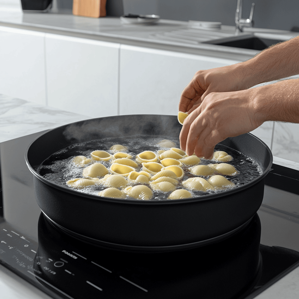 Hands placing Ronzoni jumbo shells into boiling water on a modern stovetop without steam