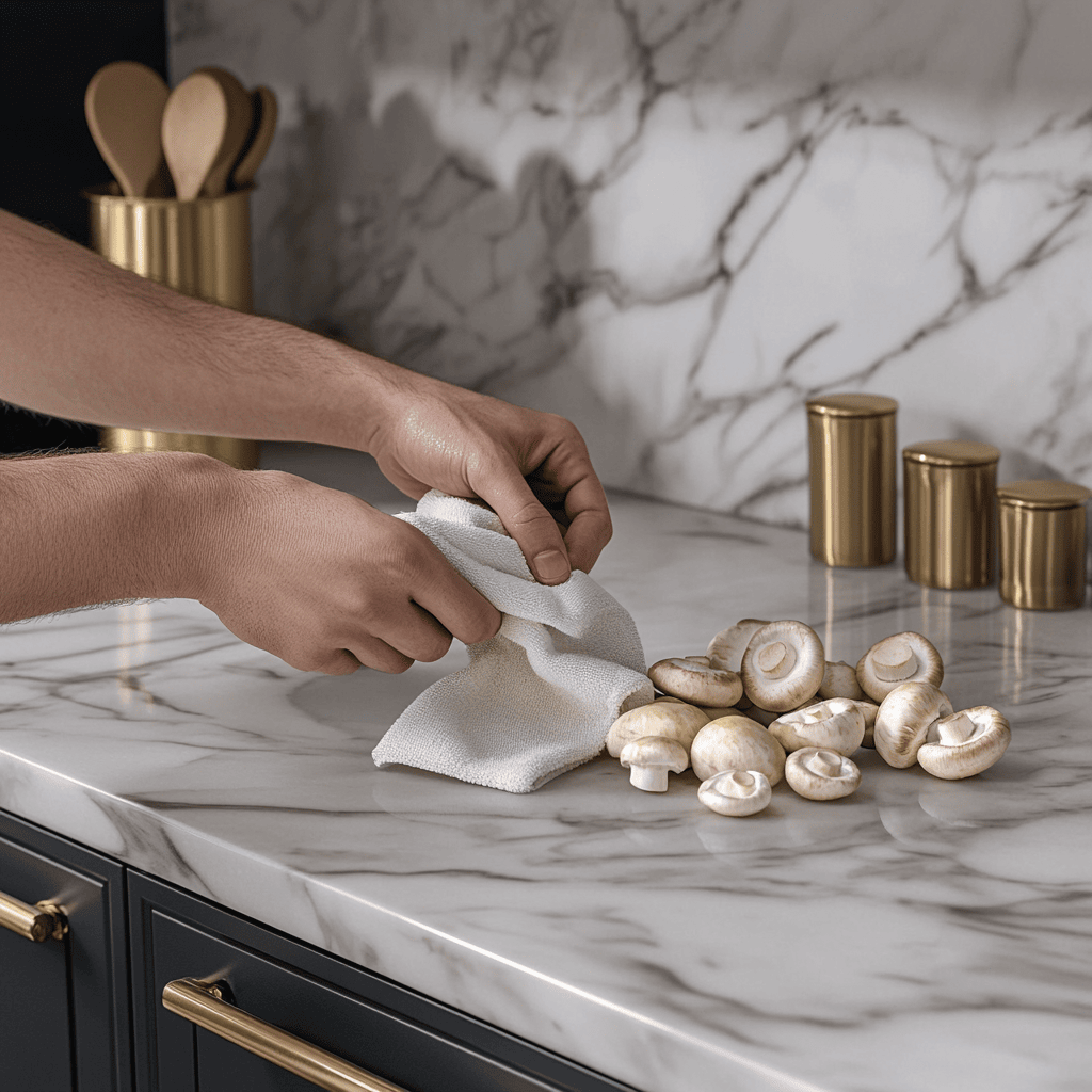 Hands gently cleaning fresh mushrooms with a cloth on a marble countertop in a modern luxury kitchen