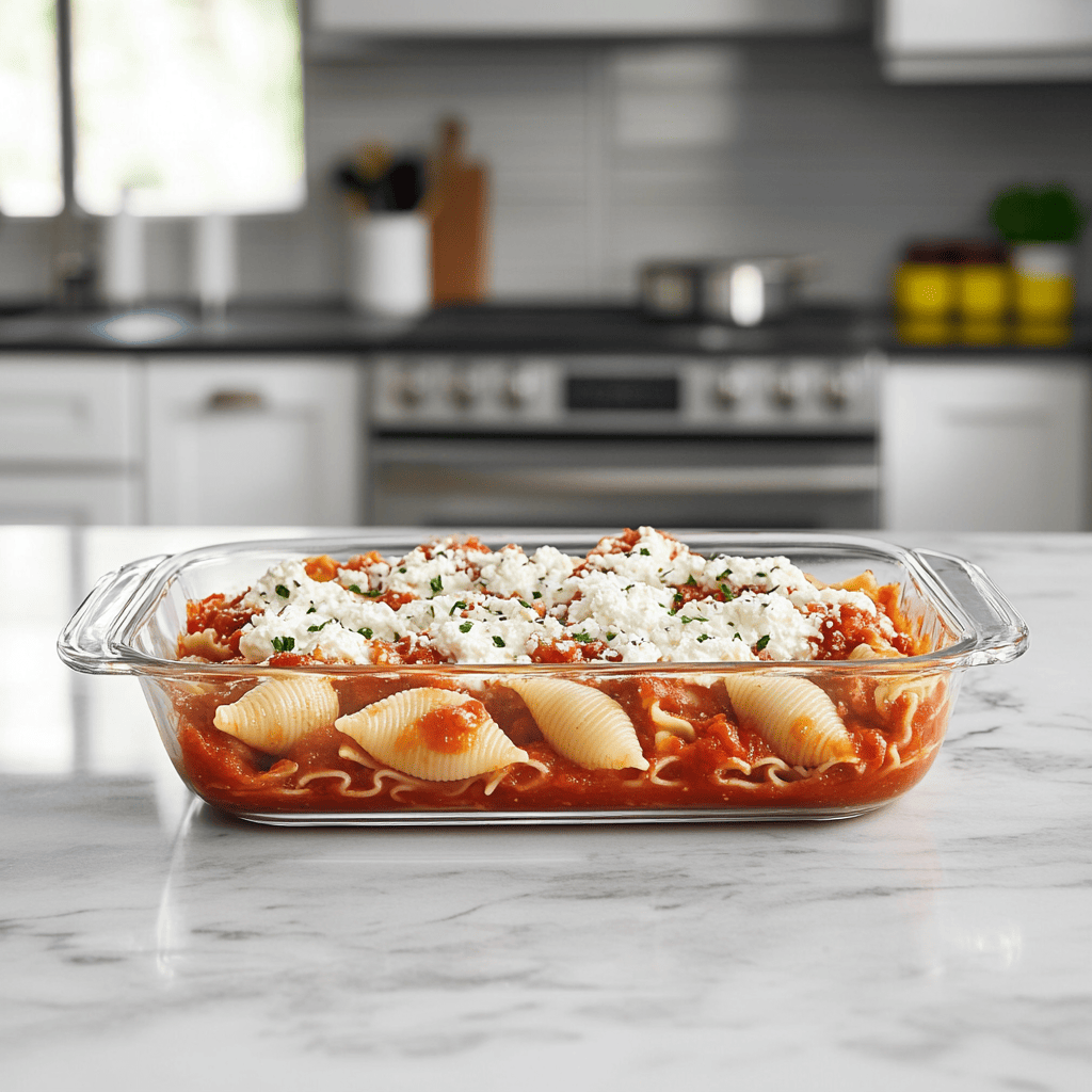 Stuffed shells in a modern kitchen ready to be baked.