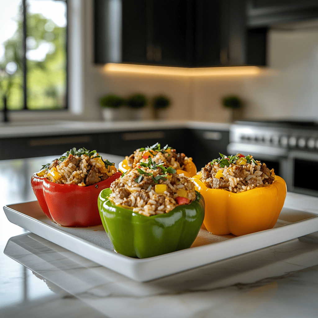 Stuffed bell peppers filled with seasoned rice and meat, garnished with herbs, served on a plate in a modern kitchen with sleek countertops
