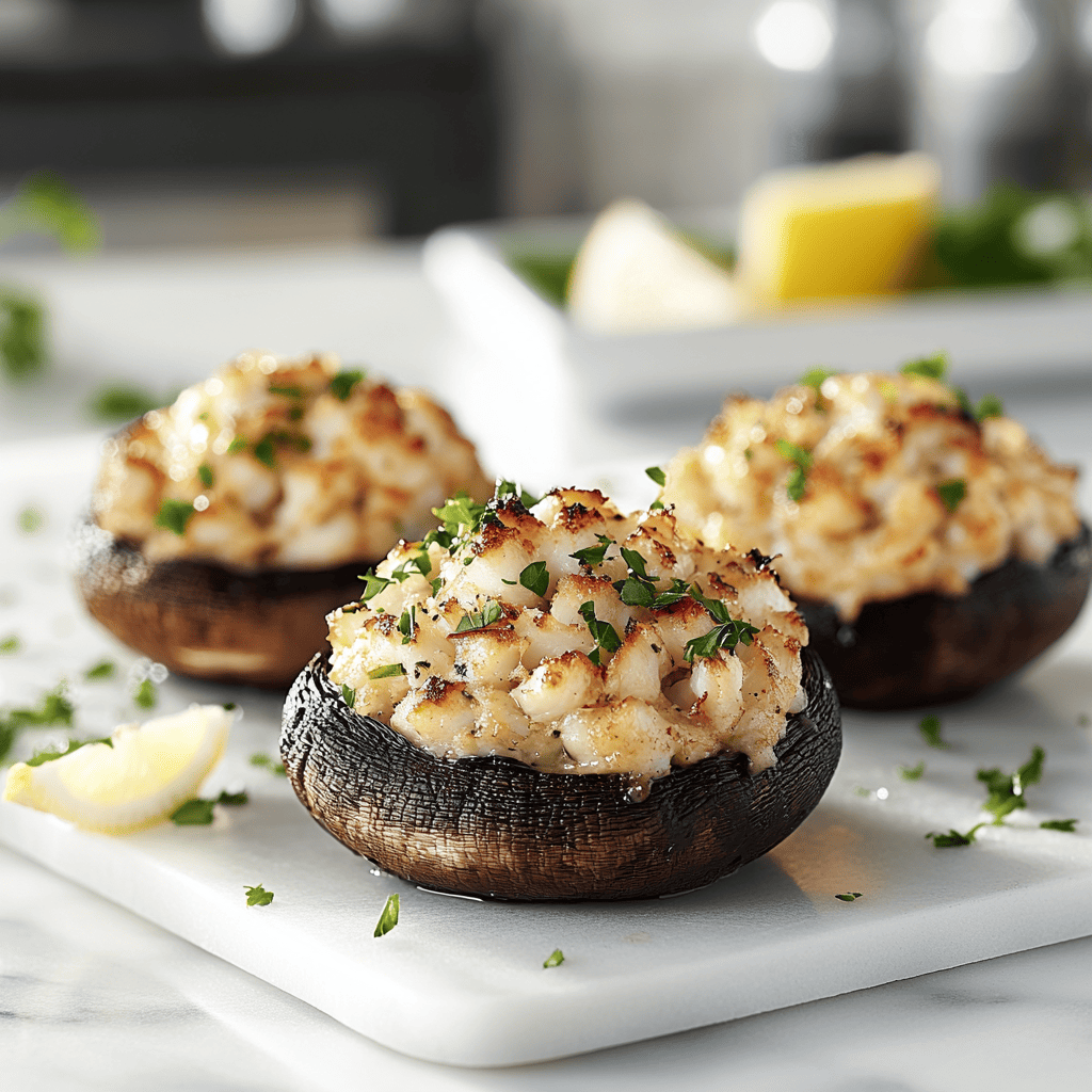Golden brown crab stuffed portobello mushrooms on a marble countertop.