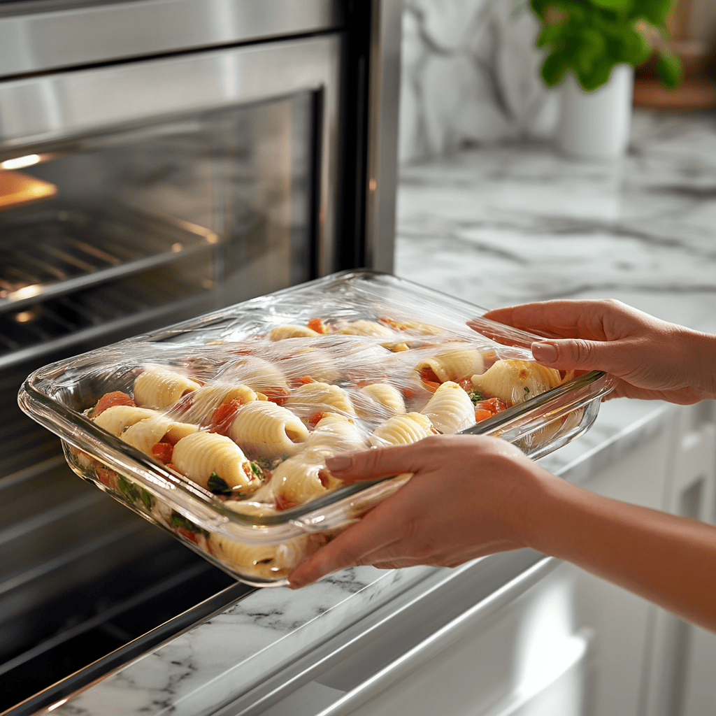 Hands placing a dish of stuffed shells into a modern refrigerator.