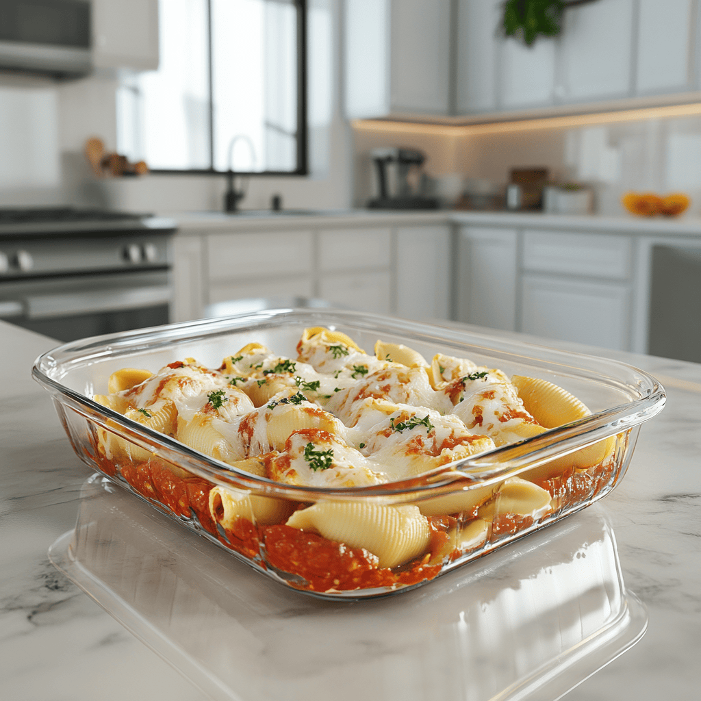Spoiled stuffed shells with visible mold and discoloration on a kitchen counter.