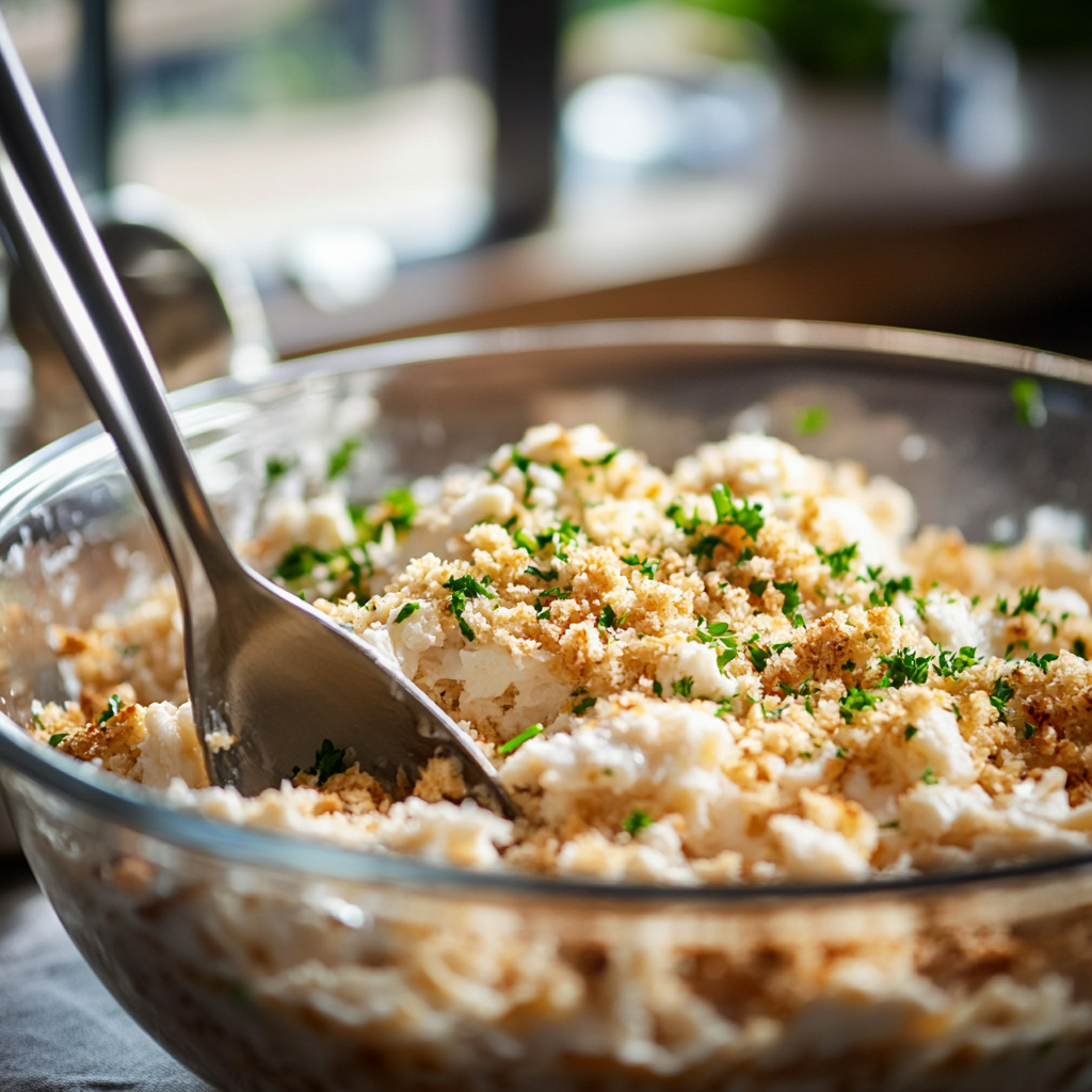 Mixing crab stuffing ingredients in a bowl.