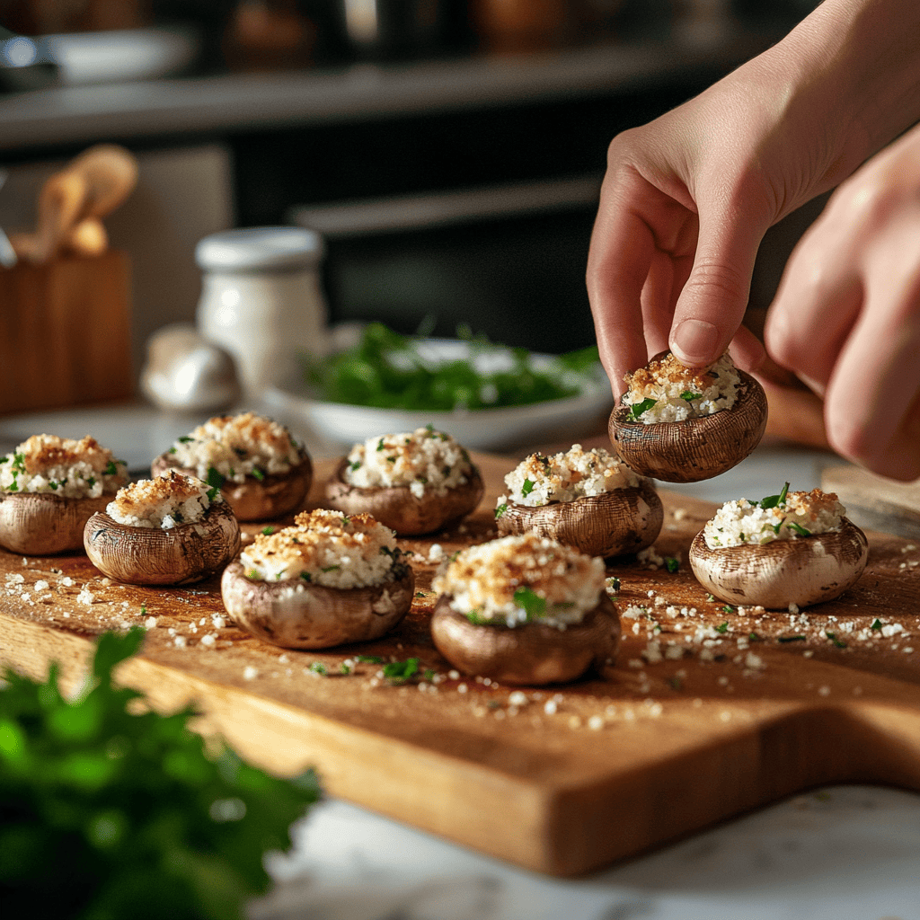 Hands stuffing large mushroom caps on a cutting board