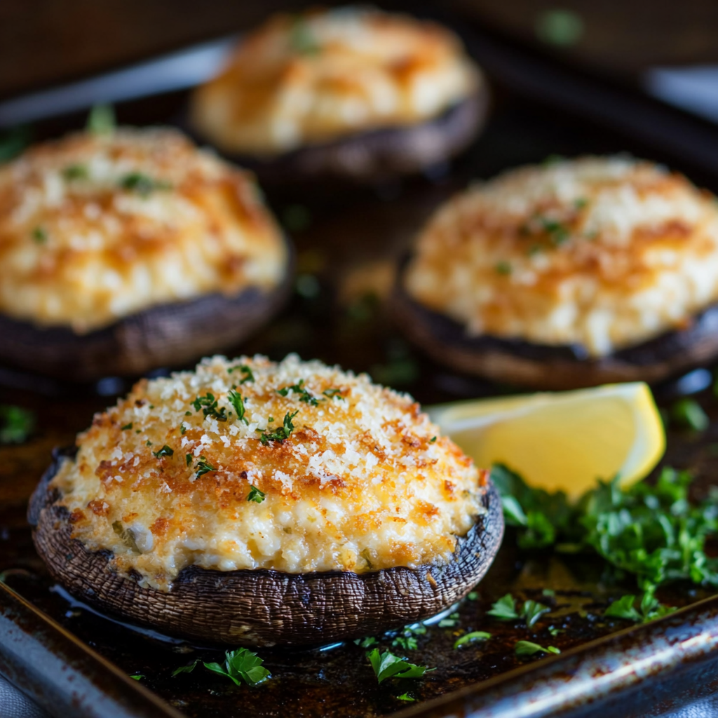 Baked crab stuffed portobello mushrooms garnished with parsley.