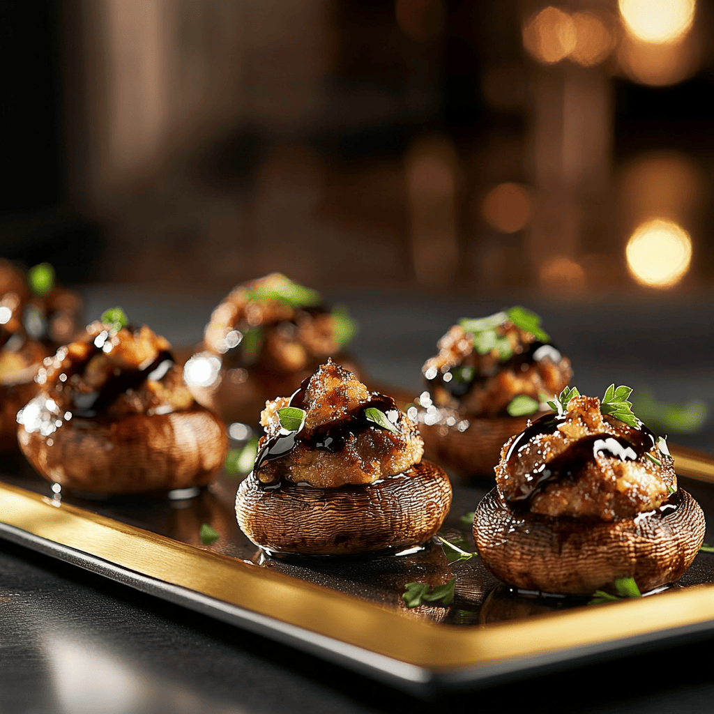 Stuffed mushrooms elegantly served on a gold-accented platter, garnished with herbs, in a modern luxury kitchen setting