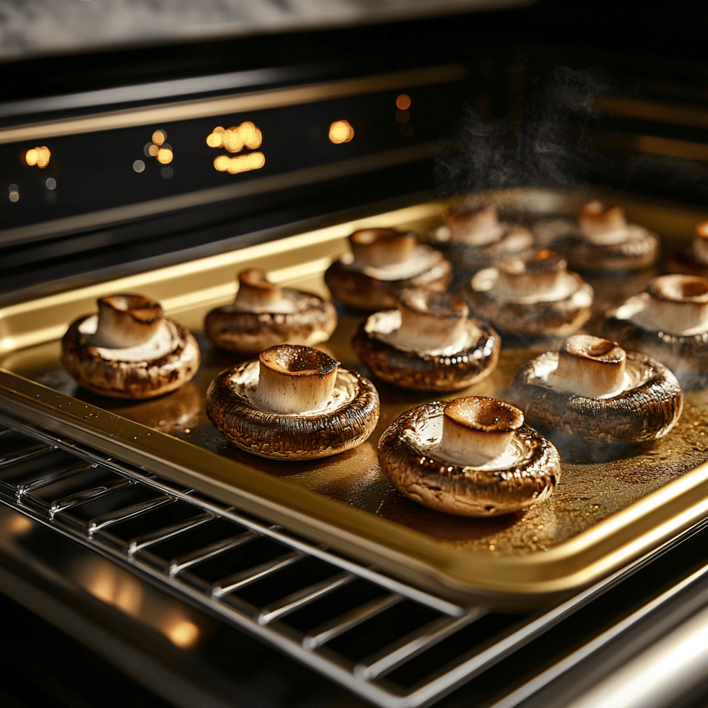 Pre-roasted mushroom caps releasing steam inside a high-end stainless steel oven with gold finishes.