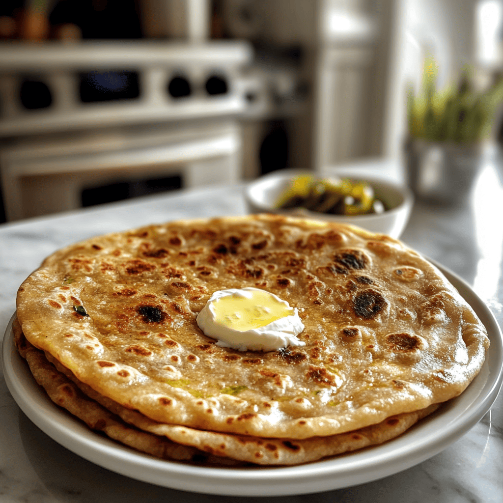 Traditional stuffed paratha with filling in a modern kitchen