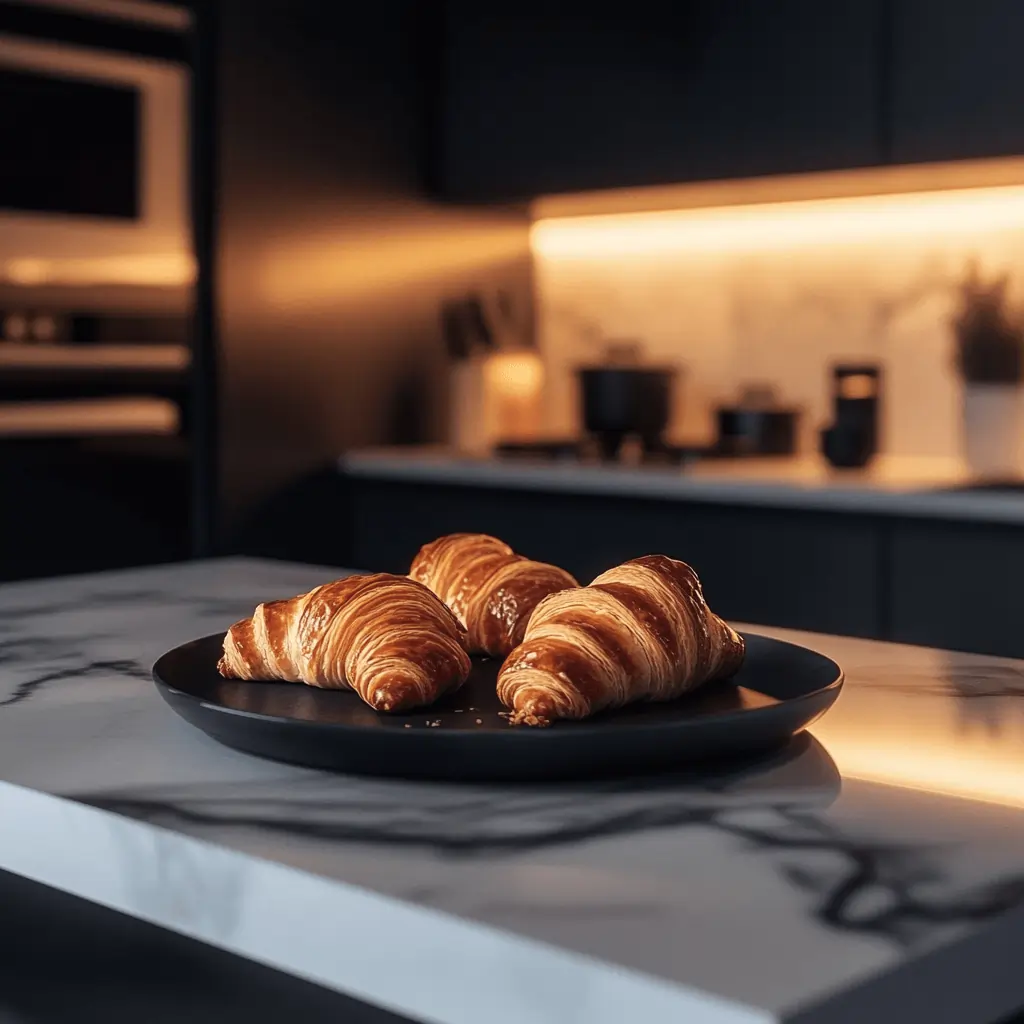 Golden stuffed croissants on a marble countertop in a modern luxury kitchen.