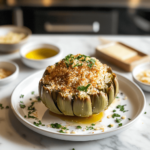 Best ways to reheat stuffed artichokes showcased in a luxurious modern kitchen, with a plated dish garnished with golden breadcrumbs.