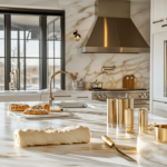 Luxurious kitchen with puff pastry dough on a marble countertop.