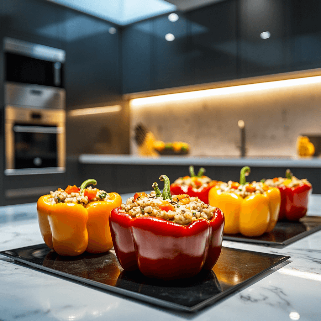 Luxurious modern kitchen with a marble countertop featuring perfectly baked stuffed peppers in a gourmet dish.