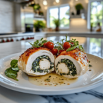 A gourmet stuffed chicken breast with spinach and cheese filling, plated elegantly in a high-end modern kitchen.