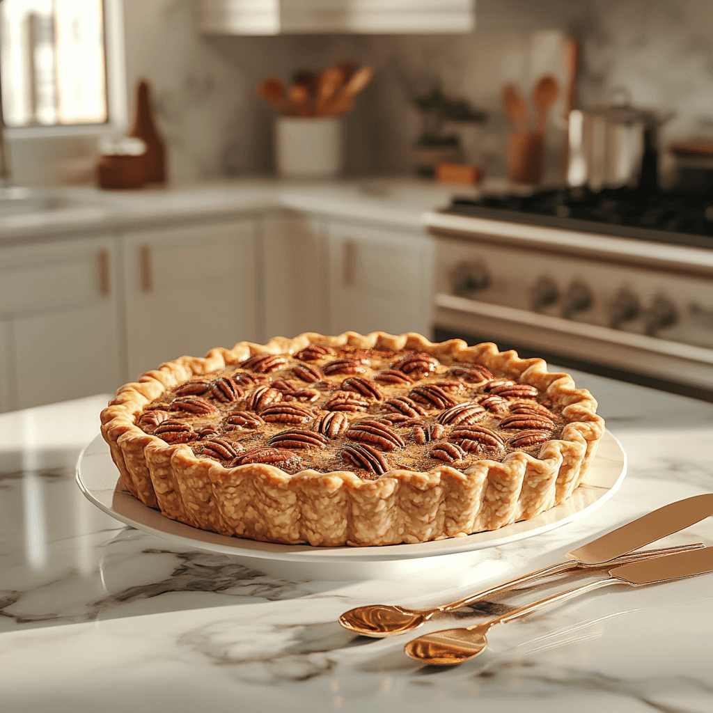 Luxurious modern kitchen with a freshly baked pecan pie on a marble countertop.
