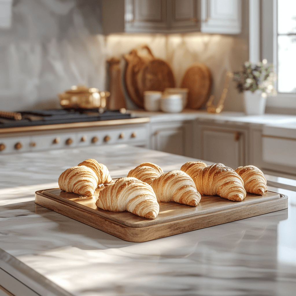 Freshly baked crescent rolls and croissants in a luxurious modern kitchen with marble countertops.