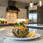 A beautifully plated stuffed artichoke on a white ceramic plate in a modern, luxurious kitchen with marble countertops and pendant lights.