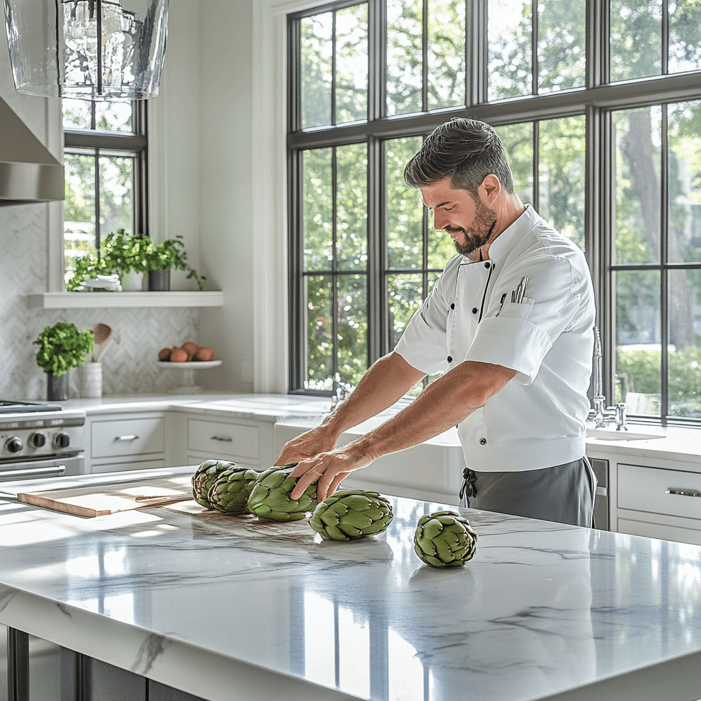 Chef cleaning an artichoke for stuffing in a modern luxurious kitchen with marble countertops.