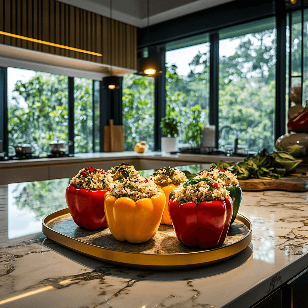 Elegant stuffed peppers on a marble countertop in a luxurious modern kitchen.