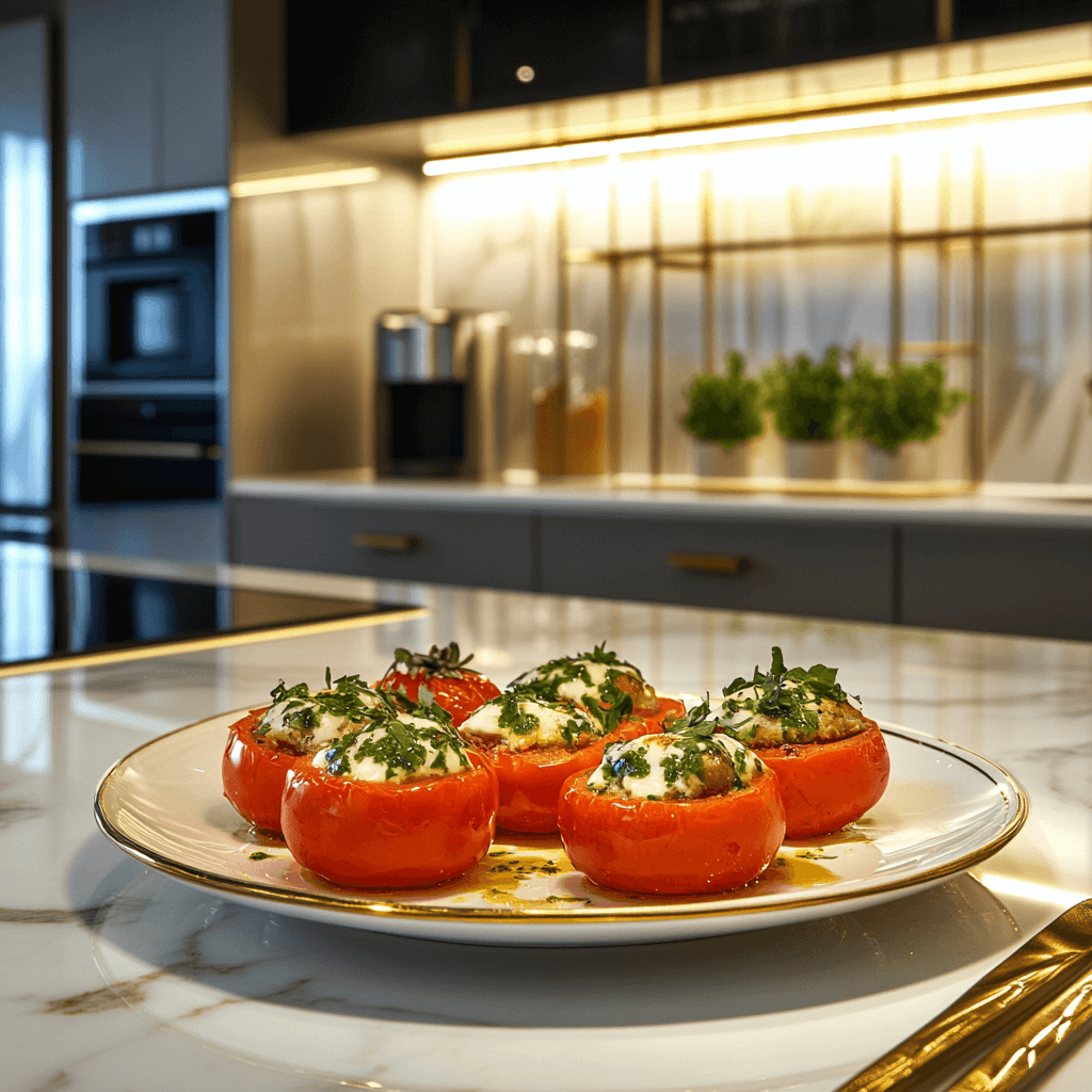 Luxurious modern kitchen with marble countertops, golden accents, and a gourmet dish of stuffed tomatoes garnished with herbs.