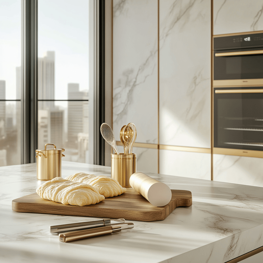 A high-end luxury kitchen with a marble countertop and puff pastry carefully prepared.