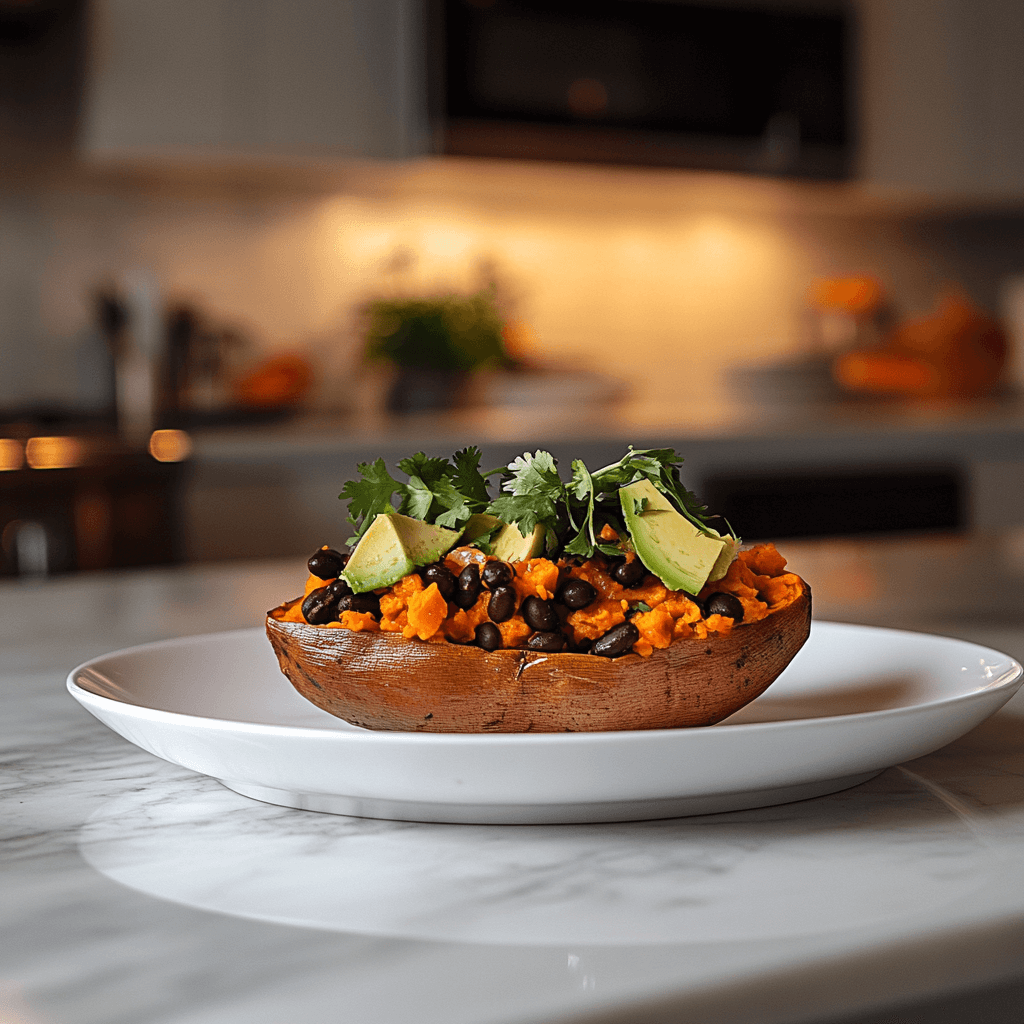 Patate douce farcie garnie d'avocat et d'herbes sur un comptoir en marbre dans une cuisine moderne luxueuse.