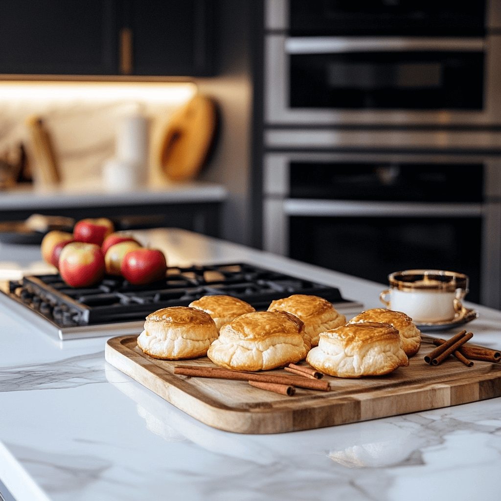 Freshly baked apple puff pastries served on a marble countertop in a luxury modern kitchen.